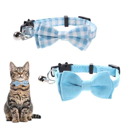 Lnngub Katzenhalsband, verstellbar, blau, einfarbig, kariert, Fliege, Katzenhalsband mit Glöckchen, Blau, 2 Stück von Lnngub