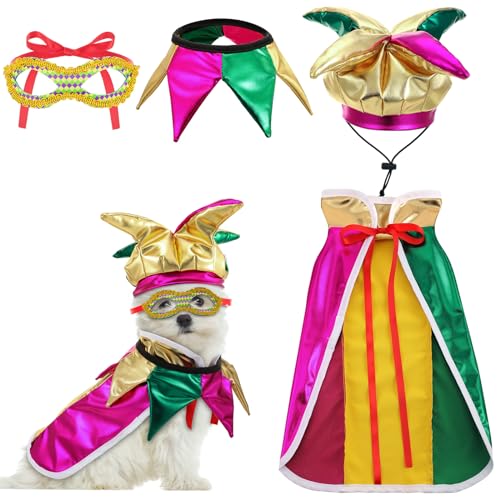 Locmeo 4-teiliges Karnevals-Hundekostüm, Clownnnarr, hoher Kragen, Umhang, Haustierzubehör-Set, goldgrün, lila, Hundekostüm mit Karnevalsmaske, Halsband, Kleid für kleine Hunde, Outfit-Dekoration von Locmeo