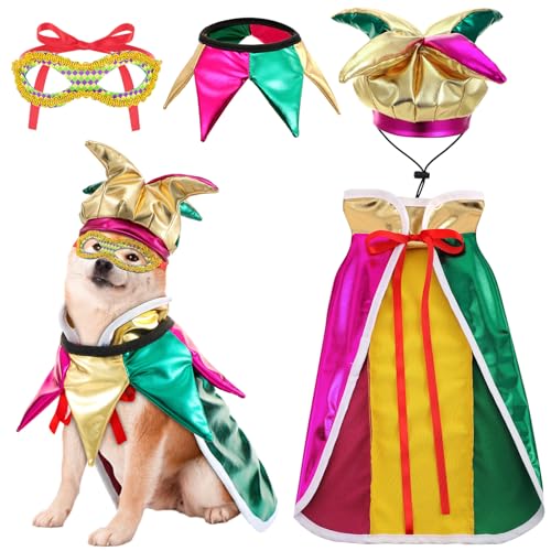 Locmeo 4-teiliges Karnevals-Hundekostüm, Clownnnarr, hoher Kragen, Umhang, Haustierzubehör-Set, goldgrün/violett, mit Karnevalsmaske, Halsband, Kleid für kleine Hunde, Outfit-Dekoration (Größe M) von Locmeo