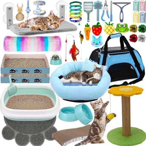 Locmeo 40-teiliges Kitten-Starter-Set für Indoor-Katzen, inklusive Katzentoilette, Katzenspielzeug, Katzenhalsbänder, Katzenbett, Kratzpad, Nagelfeile, Futternäpfe und mehr für Kätzchen, Zubehör, von Locmeo