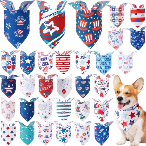 Locmeo Hundehalstücher zum 4. Juli, patriotische Hundehalstücher, Geschenke, Unabhängigkeitstag, waschbar, dreieckig, USA-Flagge, patriotisch, verstellbar, Kopftuch, Zubehör, Schals, 32 Stück von Locmeo