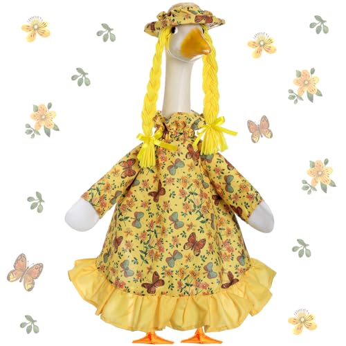 Locmeo Sommergans-Outfit, Rasen, Veranda, Gans, Kleidung, Kostüm, 58,4 cm, Rock, Hut, Zopf, Perücke für Garten, Terrasse, Hof, Statue, Kunstdekoration (gelb, Schmetterling) von Locmeo