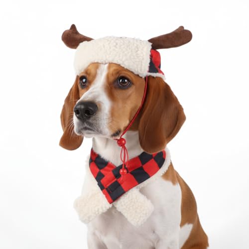 Locmeo Weihnachtliches Geweih, Haustiermütze und Schal, Geweih, Büffelkaro (mittel), Weihnachtszubehör für Hunde und Katzen, Urlaub, lustiges Winter-Haustierzubehör, 2 Stück von Locmeo