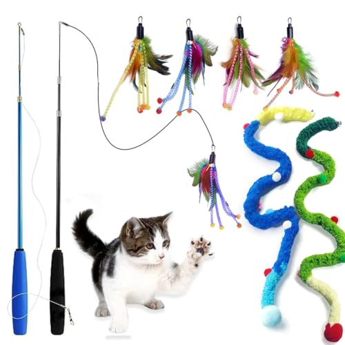LogFaadCoi Interactive Cat Toy Set: Teaser with Extendable Poles, 7 Feather Replacements & Bell Attachments - Perfect for Kittens and Cats von LogFaadCoi