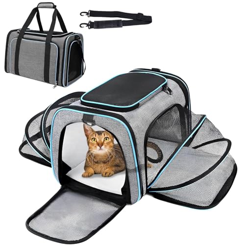 Lohofrnny Transporttasche für Katzen Hunde, Faltbar Tragetasche 4-seitige Erweiterbare, Atmungsaktive katzentasche für Katze, Kleine Hunde im Auto, Fugzeug oder in der Bahn von Lohofrnny