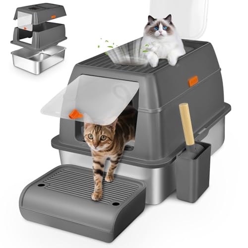 Lohofrnny Katzenklo Edelstahl Mit Deckel, Abnehmbare Dreischichtige Geschlossene Geruchsdichte Katzentoilette Edelstahl, katzenklo Metall mit Pedals und Schaufel 60x40x41cm (Dunkelgrau) von Lohofrnny