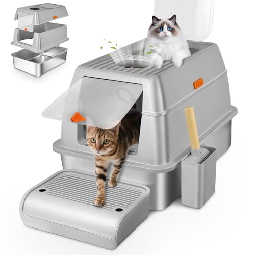 Lohofrnny Katzenklo Edelstahl Mit Deckel, Abnehmbare Dreischichtige Geschlossene Geruchsdichte Katzentoilette Edelstahl, katzenklo Metall mit Pedals und Schaufel 60x40x41cm (Hellgrau) von Lohofrnny