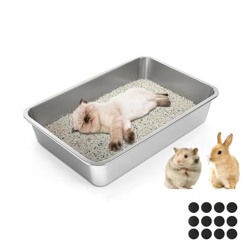 Lohofrnny Edelstahl Katzentoilette für Kätzchen, 45×35×15cm Katzenklo Geruchsfrei, Katzentoilette Offen für Kaninchen, Meerschweinchen und Hamste, Leicht zu Reinigen, Anti-Rutsch Gummiboden von Lohofrnny