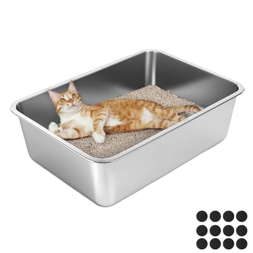 Lohofrnny Edelstahl Katzenklo, 50×35×15cm Große Katzentoilette aus Edelstahl, Katzenklo Geruchsfrei für Großes Häschen und große Katze, leicht zu reinigen, Anti-Rutsch Gummiboden von Lohofrnny