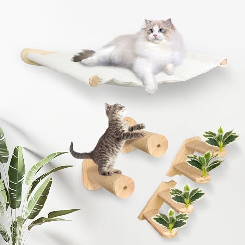 Lohofrnny Kletterwand Katzen, Wandmontage Katzenhängematte, 2 × Katzentreppe mit Juteseil und Blätter, 2 × Wandmontage Jute-Kratzäulen aus Natur-Holz, DIY Katzentreppe Wand Lohofrnny Kletterwand Katzen, Wandmontage Katzenhängematte, 2 × Katzentreppe mit Juteseil und Blätter, 2 × Wandmontage Jute-Kratzäulen aus Natur-Holz, DIY Katzentreppe Wand von Lohofrnny