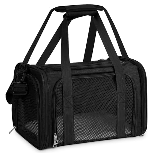 Lohofrnny Transporttasche Katze, Transporttasche für Katze Hund bis zu 8kg, Tragbar Faltbare Haustier Tragetaschen mit Schultergurt für Mittel Kleine Haustiere (Schwarz,50x34x34cm) von Lohofrnny