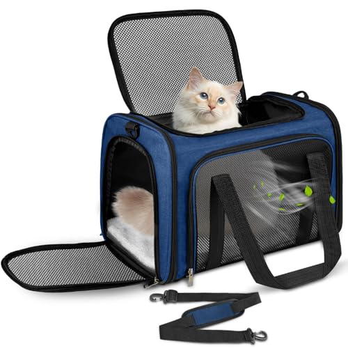 Lohofrnny Transporttasche Katze, Transporttasche für Katze Hund bis zu 8kg, Tragbar Faltbare Haustier Tragetaschen mit Schultergurt für Mittel Kleine Haustiere (Dunkelblau, 50x34x34cm) von Lohofrnny