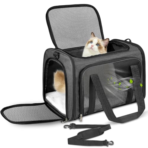 Lohofrnny Transporttasche Katze, Transporttasche für Katze Hund bis zu 5kg, Tragbar Faltbare Haustier Tragetaschen mit Schultergurt für Mittel Kleine Haustiere (Dunkelgrau, 43 x 28 x 28cm) von Lohofrnny