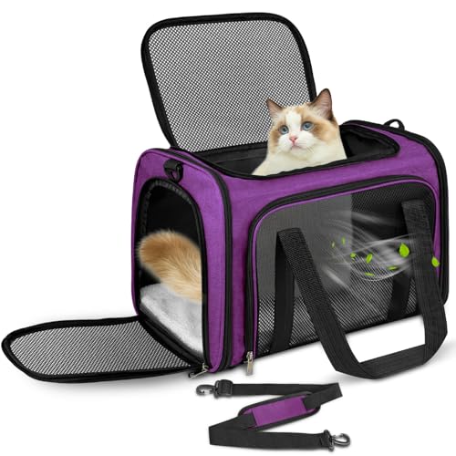 Lohofrnny Transporttasche Katze, Transporttasche für Katze Hund bis zu 8kg, Tragbar Faltbare Haustier Tragetaschen mit Schultergurt für Mittel Kleine Haustiere (Lila, 50 x 34 x 34cm) von Lohofrnny