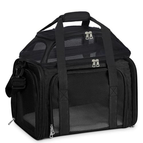 Lohofrnny Transporttasche für Katze Hund, Tragbar Transporttasche Katze mit Haustierausweis, Faltbare Nach Oben Ausbaubar Haustiertasche für Katze und Welpen bis 8 kg (Schwarz, 50×34×34cm) von Lohofrnny