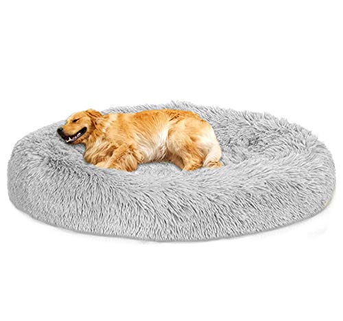 Loir Fluffy hundebett für große und extra große Hunde, 110 cm, Hellgrau, Donut Weiches Plüsch Rundes hundekissen, Waschbar, Tiefschlaf von Loir