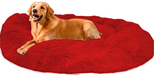 Loir Fluffy hundebett für große und extra große Hunde, 110 cm, Rot, Donut Weiches Plüsch Rundes hundekissen, Waschbar, Tiefschlaf von Loir