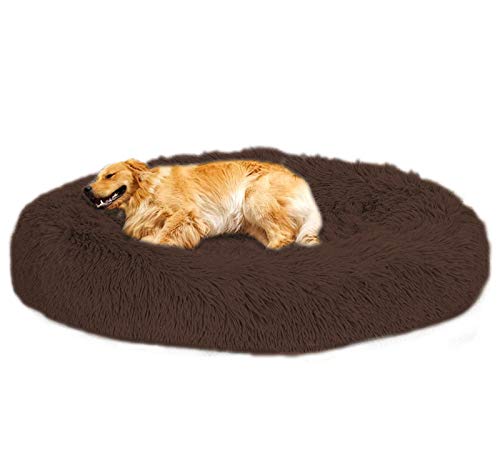 Loir Fluffy hundebett für große und extra große Hunde, 90 cm, Braun, Donut Weiches Plüsch Rundes hundekissen, Waschbar, Tiefschlaf von Loir