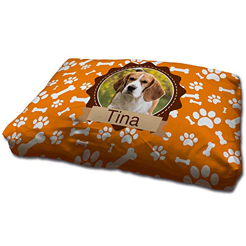 LolaPix Hundebett. Dog Bed. Personalisiert mit Name/Foto. Bett für große/Mittlere/Kleine Hunde. Waschbare Hundematratze und Abnehmbarer Bezug. HUELLAS NARANJAS Foto von LolaPix
