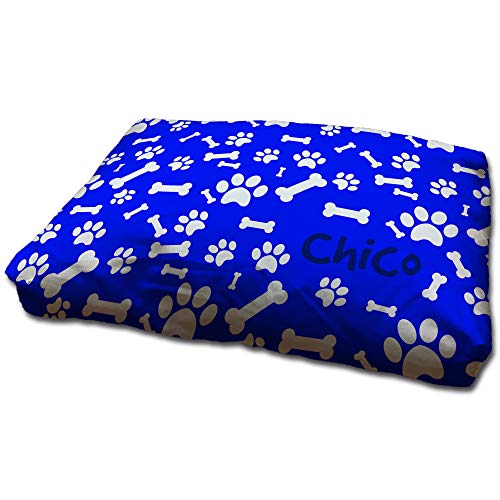 LolaPix Hundebett. Hundekissen. Personalisiert mit Name/Foto. Bett für große/Mittlere/Kleine Hunde. Waschbare Hundematratze und Abnehmbarer Bezug. HUELLAS Azules von LolaPix