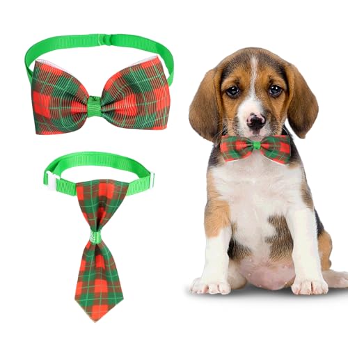 Lollanda 2 Stück Weihnachten Katzenhalsband Hundehalsband, Weihnachten Fliege Halsband für Katzen und Kleine Hunde,Weihnachten Halsband mit Fliege und Krawatte (Grün 1) von Lollanda
