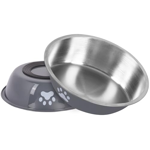 Lollanda Katzennapf Edelstahl 2er-Set, Flacher Fressnapf Katze mit Rutschfestem Silikonboden, 304 Material Futternapf, Kompatibel mit Erhöhten Ständern, BPA-frei (grau) von Lollanda