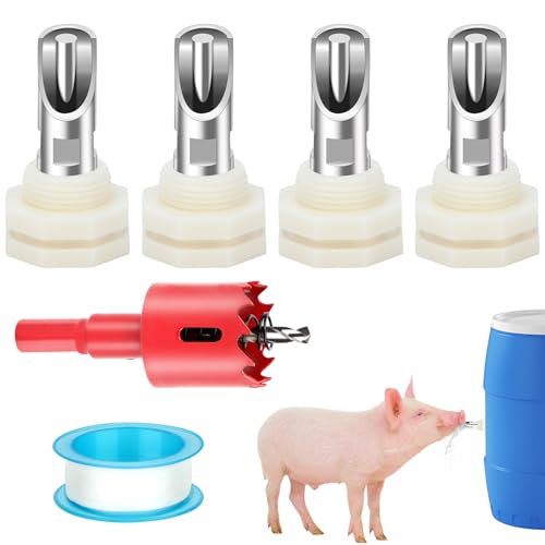 Lonepetu 4 Stück Schweine-Bewässerungsnippel für Fässer, Edelstahl, Schweinennippel, Wassertränker, automatische Schweine-Bewässerungsnippel, Wassersystem mit Tankanschlusssatz für Ferkel, Ziege von Lonepetu