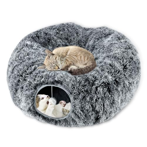 Lonepetu Plüsch-Katzentunnelbett für Indoor-Katzen, faltbarer Katzen-Donut-Tunnel mit zentraler Matte, flauschige Katzenhöhle mit hängendem Ball für Katze, Kätzchen, Kaninchen, Welpen, Frettchen, von Lonepetu