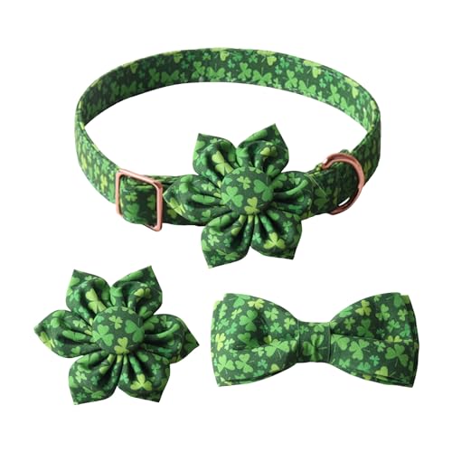 Longbest St. Patrick's Day Hundehalsband mit abnehmbarer Schleife und Blume, verstellbares Hundehalsband, Kleeblatt, bedruckt, Haustierhalsband, Leine (S: 35 cm) von Longbest