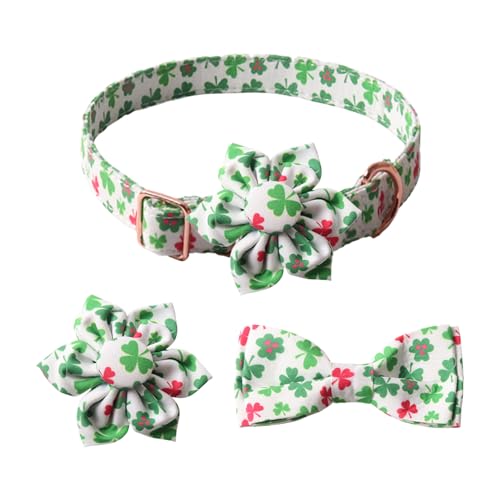 St. Patrick's Day Hundehalsband mit abnehmbarer Schleife und Blume, verstellbares Hundehalsband, weiße Basis, grünes Kleeblatt, bedruckt, Haustierhalsband, Leine (S: 35 cm) von Longbest