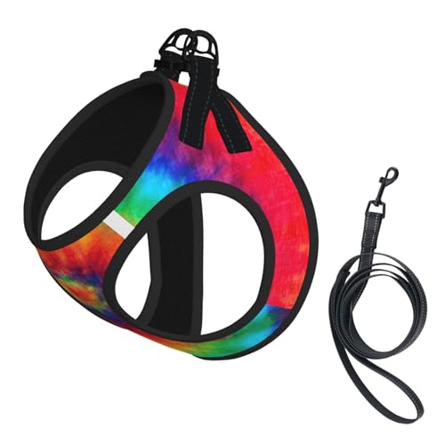 Hundegeschirr und Leine, Batikfärbung, Regenbogen-Druck, atmungsaktiv, verstellbar, ausbruchsicher, Weste für Hunde, Katzen von Longzehao