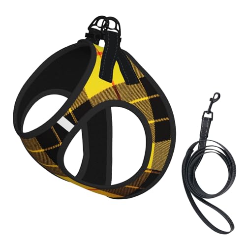 Hundegeschirr und Leine, Set mit Karomuster, atmungsaktiv, verstellbar, ausbruchsicher, für Hunde, Katzen, Gelb / Grau / Schwarz von Longzehao