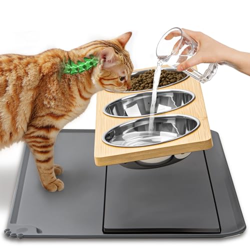 Erhöhte Futternäpfe für Katzen mit Matte, Schnurrhaar, 15° geneigt, erhöht, 3 Edelstahl-Katzen-Wassernäpfe Set gegen Erbrechen, Haustierhalter, Ständer, Futterstation für Kätzchen und Welpen im von Loplurea