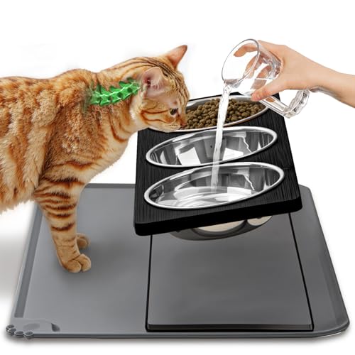 Erhöhte Futternäpfe für Katzen mit Matte, Schnurrhaar, 15° geneigt, erhöht, 3 Edelstahl-Katzen-Wassernäpfe für Anti-Erbrechen, schwarzer Haustierhalter, Ständer, Futterstation für Kätzchen und Welpen von Loplurea