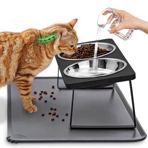 Erhöhte Futternäpfe für Katzen mit Matte, Schnurrhaar, 15° geneigt, schwarz, erhöhtes Katzen-Wassernapf-Set gegen Erbrechen, Haustierhalter, Ständer, Futterstation für Indoor-Kätzchen und Welpen von Loplurea