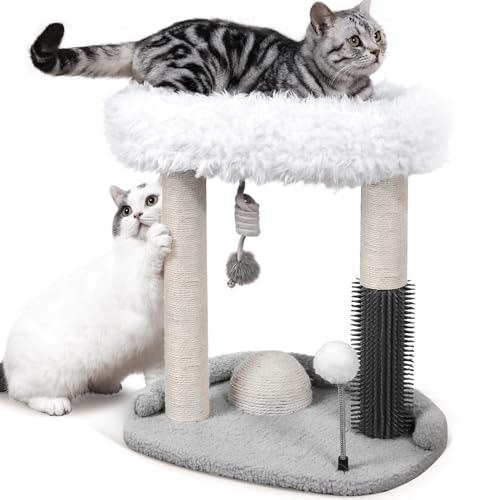 LovIntry 5 in 1 Katzenbaum für Indoor-Katzen, Katzenkratzbaum, niedlicher Katzenkratzturm, mit großer Sitzstange, Katzen-Selbstpfleger und 2 Federspielzeugbälle(Grau) von LovIntry