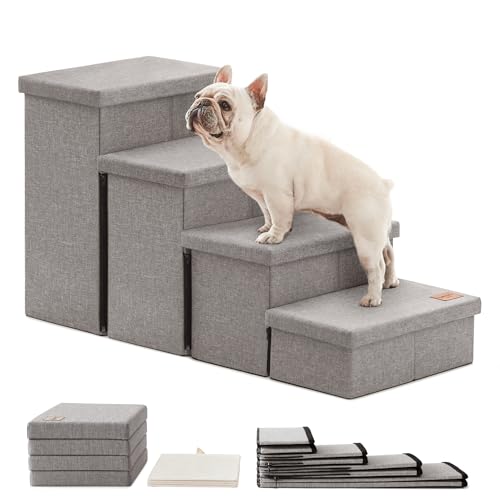 Love's cabin Hundetreppe für kleine, mittelgroße oder große Hunde mit Stauraum und verstellbaren Stufen, faltbare Hundetreppe für Bett oder Couch, 4-stufige graue faltbare Katzen-Hunderampe mit von Love's cabin