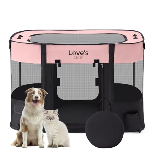 Love's cabin Laufstall für Welpen, großes Hundezelt, Käfig für drinnen und draußen, tragbarer Übungslaufstall für Katze, faltbarer Pop-Up-Hundehütte, Laufstall mit Tragetasche (L, Rosa) von Love's cabin