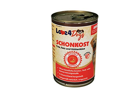 Love4Dog´s Nassfutter SCHONKOST für ausgewachsene Sensible Hunde | 6x400g | Pute mit Reis und Hüttenkäse | Hundenassfutter | Alleinfutter | ohne Zusatzstoffe Love4Dog´s Nassfutter SCHONKOST für ausgewachsene Sensible Hunde | 6x400g | Pute mit Reis und Hüttenkäse | Hundenassfutter | Alleinfutter | ohne Zusatzstoffe von Love4Dogs