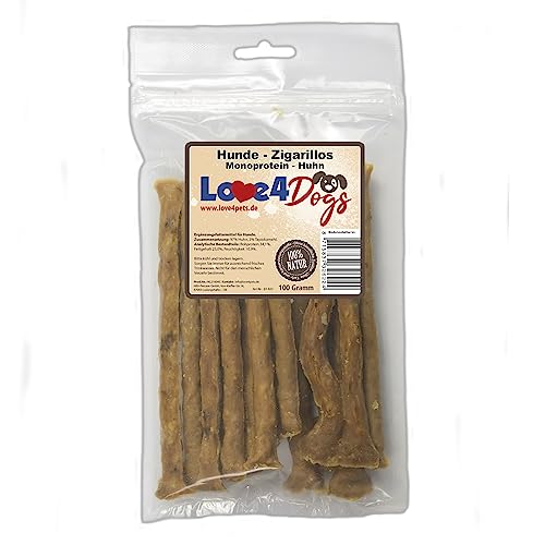 Love4Dogs Hunde - Zigarillos 100g (Monoprotein 97% Fleischanteil) auch für Allergische Hunde geeignet (Huhn) von Love4Dogs