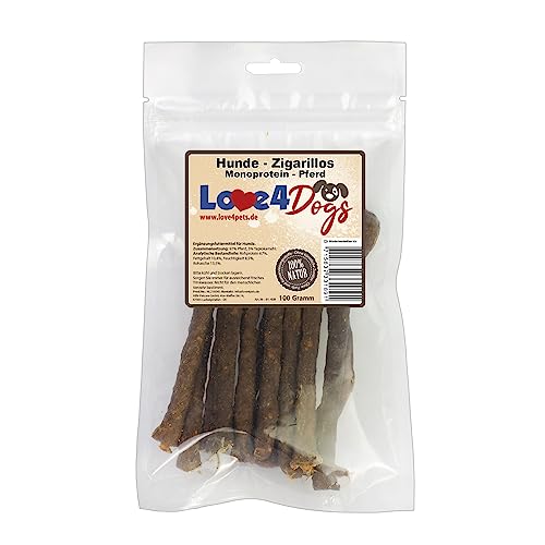 Love4Dogs Hunde - Zigarillos 100g Pferd (Monoprotein 97% Fleischanteil) auch für Allergische Hunde geeignet (Pferd) von Love4Dogs