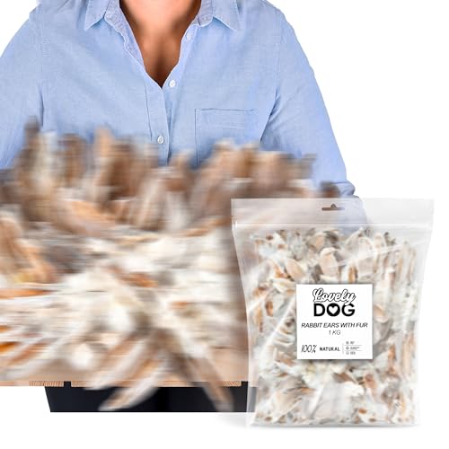 Kaninchenohren mit Fell für Hunde 1kg (ca. 75-85 Stück) | Natürliche Hasenohren Kauartikel mit Haaren | Luftgetrocknet, Hypoallergen, Getreidefrei | Kleine, mittlere & große Hunde von Lovely DOG