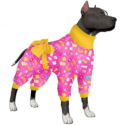 LovinPet Extra große Hunde-Outfits für Hündinnen – UV-Schutz-T-Shirt, beruhigender Hunde-Pyjama, dehnbarer 4-beiniger großer Hundeanzug, rosa Leckerli-Druck, Pyjama für große Hunde, Größe M von LovinPet