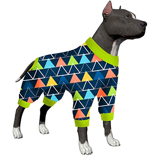 Hunde-PJS-Einteiler für mittelgroße Hunde – Blauer Dreiecksdruck, Hemd nach Operationen, UV-Schutz, Haustier-Angstlinderung, Wundversorgung, Einteiler für große Hunde, Größe L von LovinPet