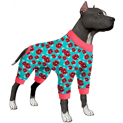 Hundebekleidung für große Hunde, Pitbull – Anti-Lecken Body, große Hunde Wundpflege/nach Operationen, dehnbarer, bequemer Stoff, Minz- und dunkles Korallenblumendruck, große Hunde-Pyjama für Partys, von LovinPet