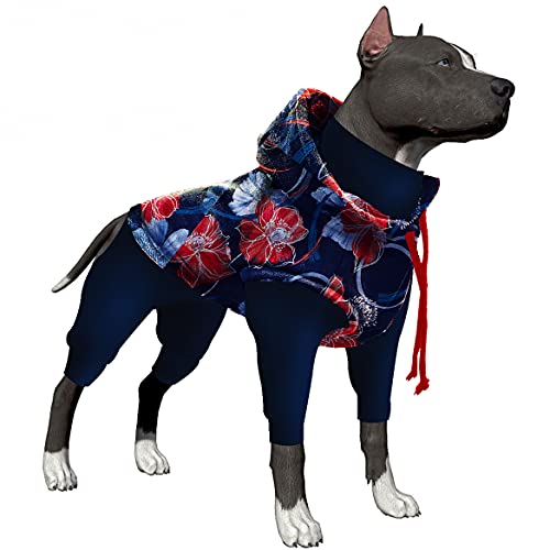 LovinPet 6fa Elastischer Einteiler für mittelgroße bis große Hunde, Wundpflege, Angstlinderung, leicht zu tragen, Hunde-Pyjama, reflektierender Riemen, Blumendruck, Marineblau/Rot von LovinPet