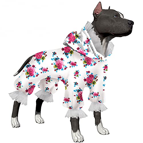LovinPet 6fa Elastischer Jumpsuits für große Hunde, Wundpflege, Angstlinderung, einfach zu tragen, Hunde-Pyjama, reflektierender Riemen, Rosenstrauß, Elfenbein/Pink von LovinPet