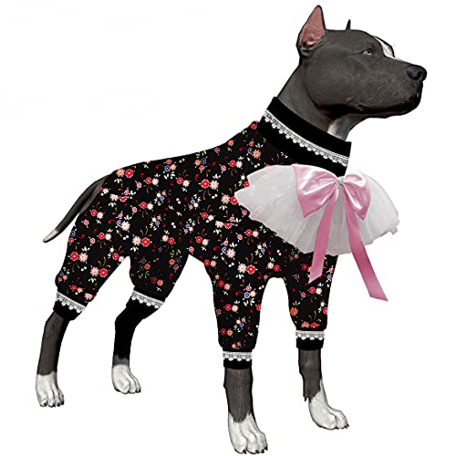LovinPet 6fa Pit Bull Dogs Onesies, UV-Schutz, Angstberuhigender Hunde-Pyjama unter dem Hund, 4-beiniger Jumpsuit für große Hunde, dehnbar, Blumenmuster, schwarz, rosa Druck von LovinPet