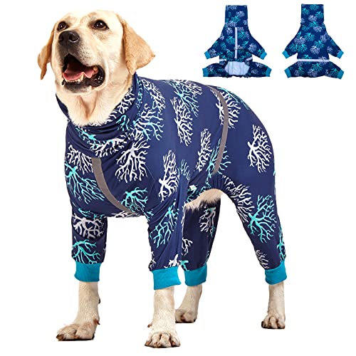 LovinPet Boxer Dogs Onesie Pyjama – UV-Schutz und Wundpflege, Angstlinderung, leichter dehnbarer Stoff, reflektierende Streifen, Korallenbaum-Druck, Kleidung nach Operationen, Größe L von LovinPet