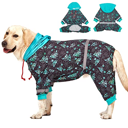LovinPet Einteiler für große Rassen, UV- und Wundversorgung, zur Linderung von Angstzuständen, reflektierende Streifen, Schmetterlinge und Ringe, schwarz/grüner Druck, nach Operationen, Größe M von LovinPet